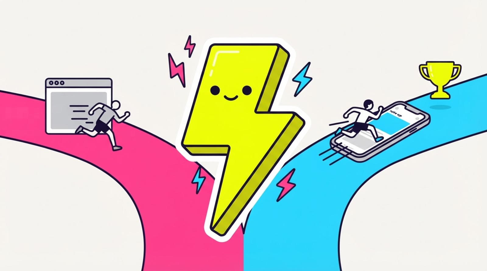 Zippy the limbless lightning-bolt mascot between two racing lanes of a split-test track, the cyan lane's runner sliding into a phone's app screen while the magenta lane's runner stalls in a browser window