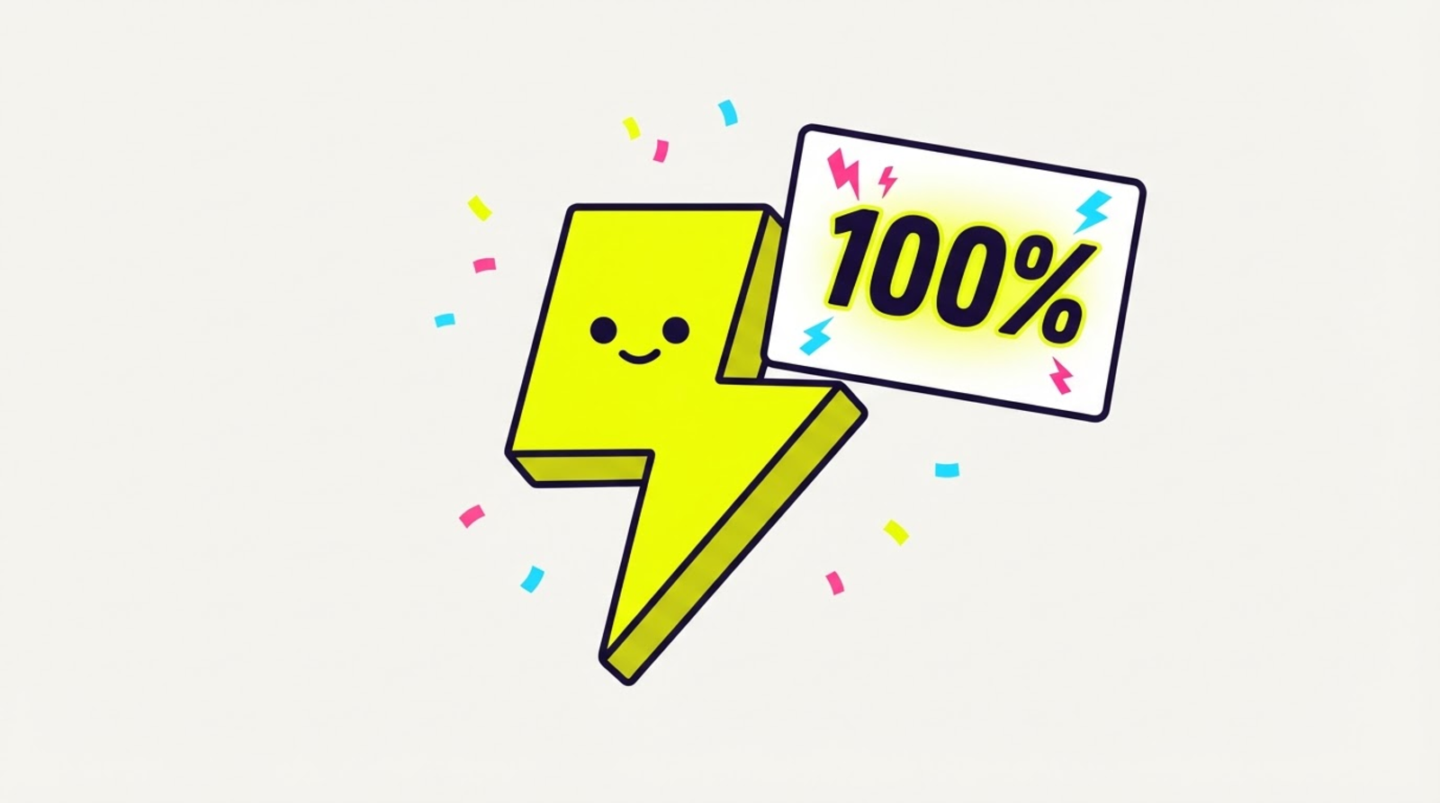 Zippy the lightning-bolt mascot proudly presenting a framed award card with a huge glowing percentage and confetti around it