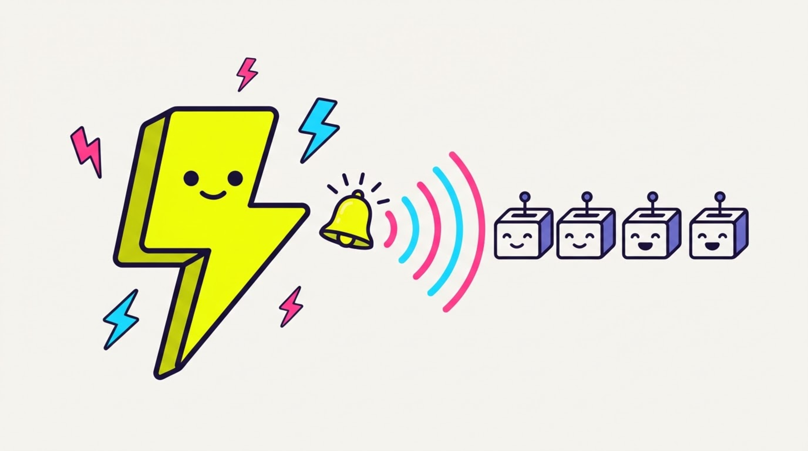 Zippy the lightning-bolt mascot ringing a bell that sends signal waves to a row of happy robot inboxes