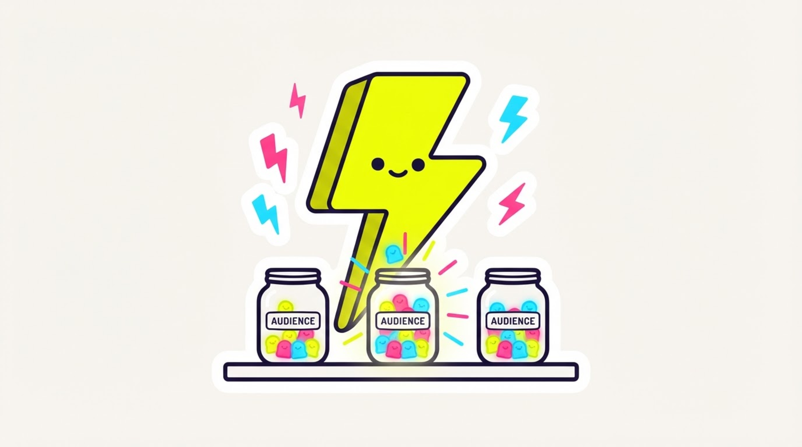 Zippy the lightning-bolt mascot sorting tiny glowing audience avatars into labeled jars, one jar glowing brightest