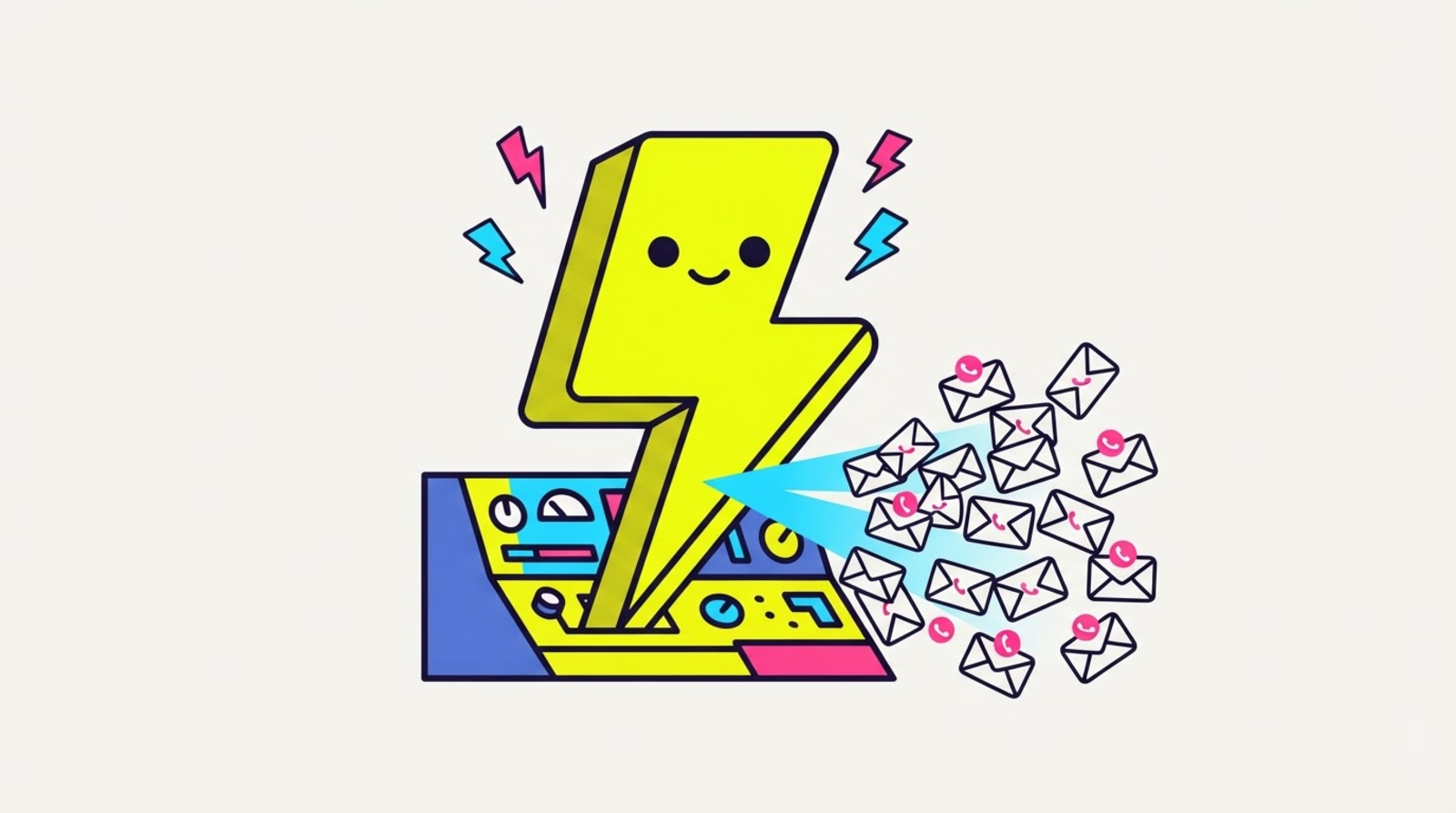 Zippy the limbless lightning-bolt mascot at a volt-yellow control desk, firing a single cyan beam that splits into dozens of envelopes, each one stamped with a small magenta app icon