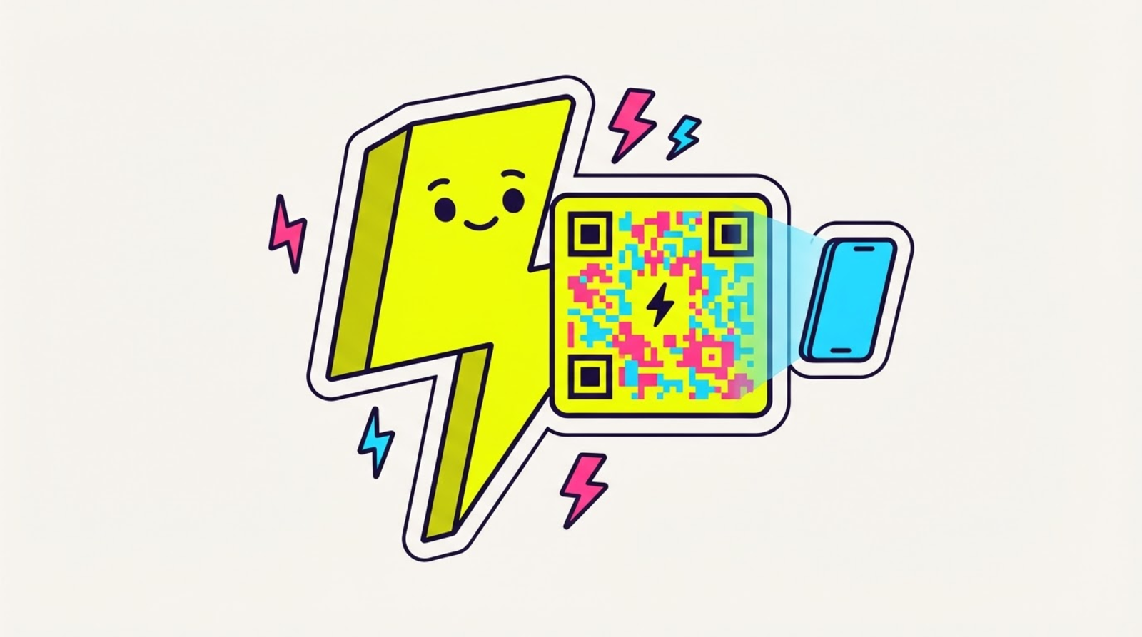 Zippy the lightning-bolt mascot holding a colourful custom QR code with a bolt in the centre while a phone scans it