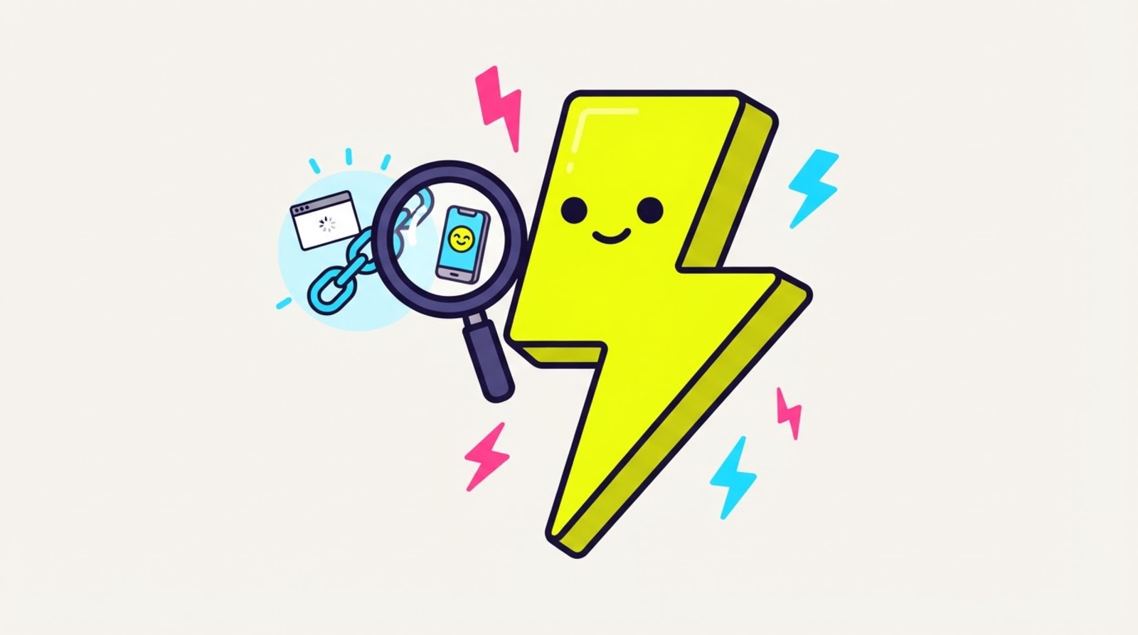 Zippy the lightning-bolt mascot inspecting a glowing chain link with a magnifying glass, revealing a trapped browser window on one side and a happy phone with an open app on the other
