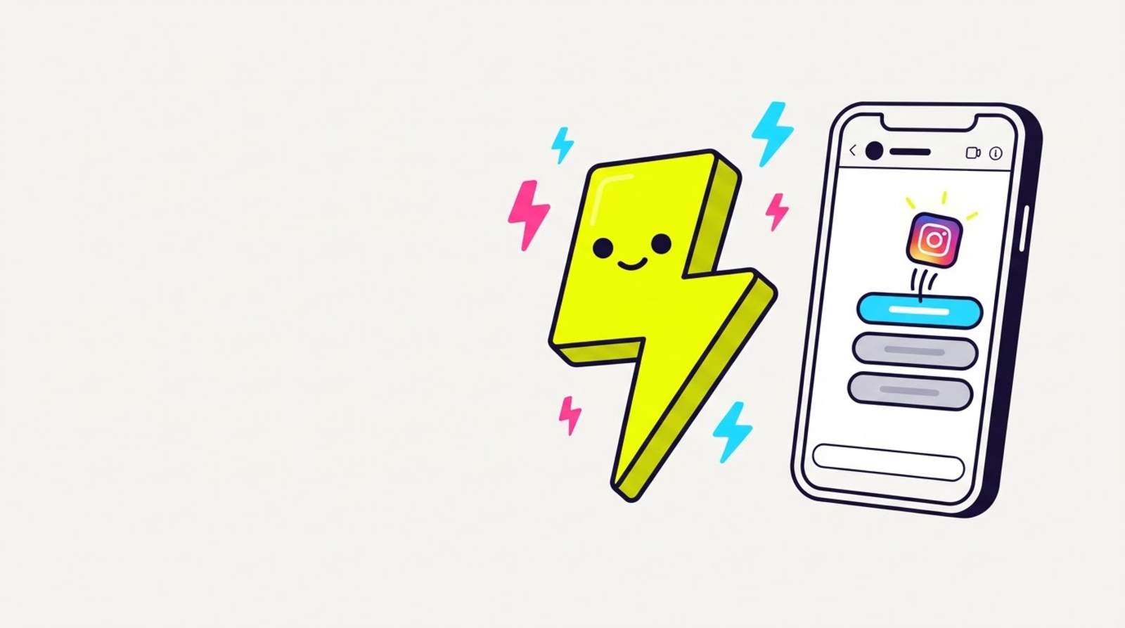 Zippy the limbless lightning-bolt mascot beside a phone showing an Instagram DM chat with a stack of reply buttons, the top button firing an app icon up out of the screen while the others stay flat and dim