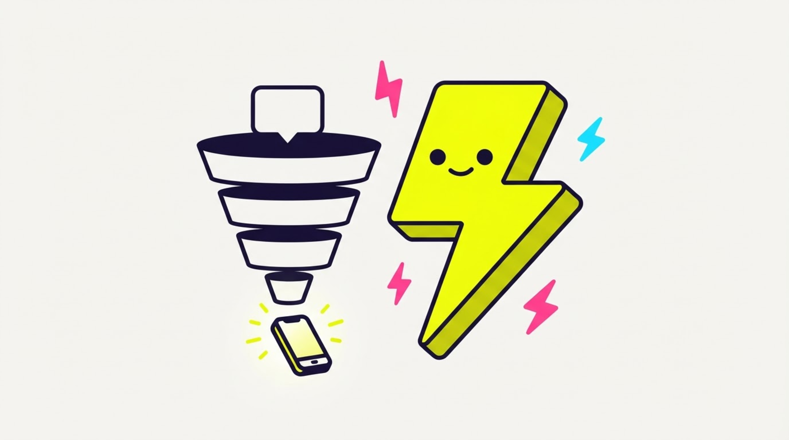 Zippy the limbless lightning-bolt mascot beside a four-step funnel narrowing from a comment bubble at the top down to a glowing phone with its native app open at the bottom