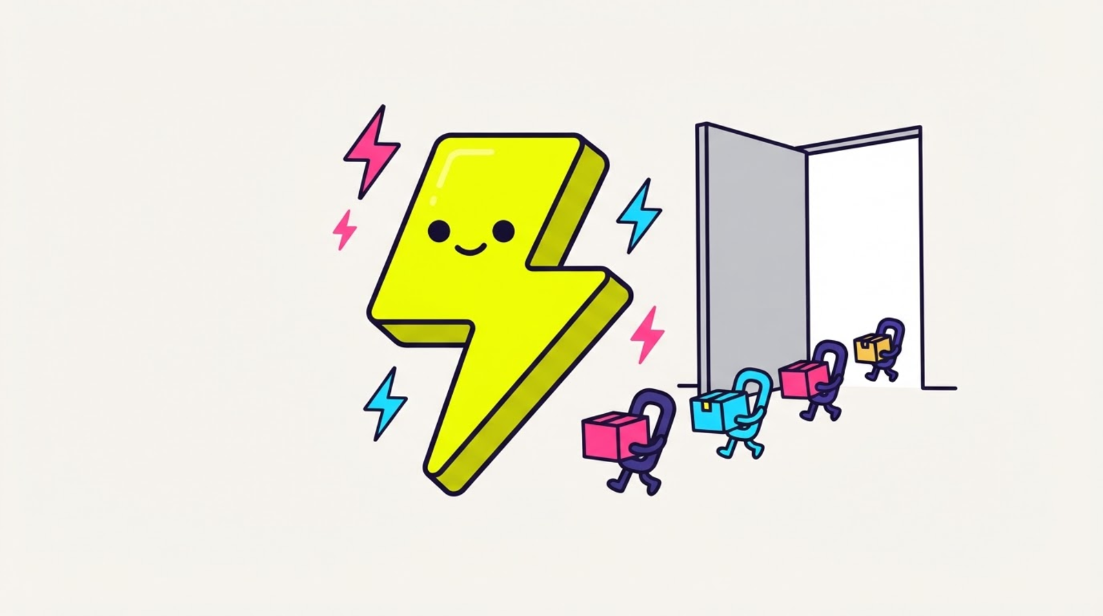 Zippy the limbless lightning-bolt mascot leading a parade of little link characters carrying moving boxes out of a grey bio-page doorway toward a bright exit