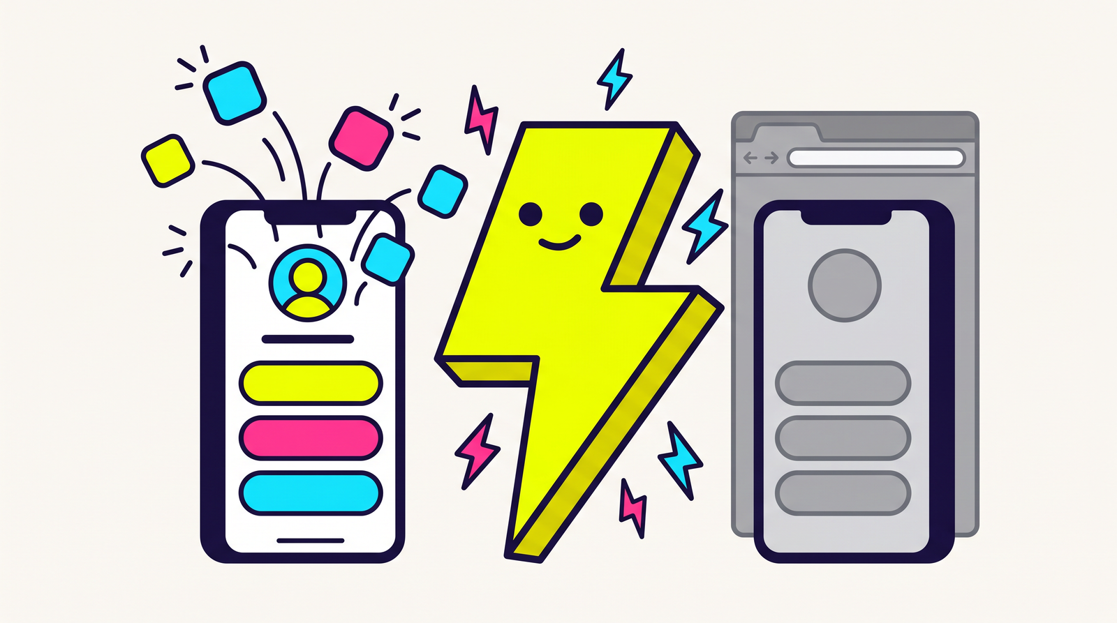 Zippy the limbless lightning-bolt mascot between two phones: on the left a bright bio page whose coloured buttons burst app icons up out of the screen, on the right a grey phone of flat buttons stuck inside a browser window frame