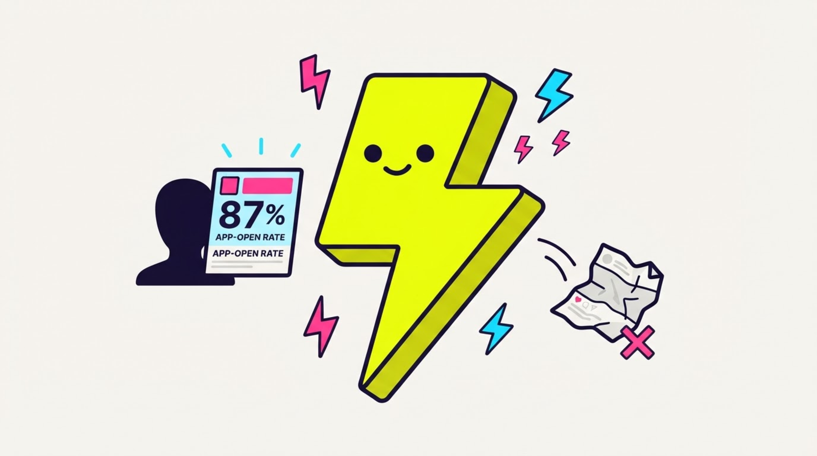 Zippy the limbless lightning-bolt mascot holding a live media kit card reading 87% app-open rate up to a brand manager, while a crumpled follower-count screenshot is tossed away with a magenta X on it