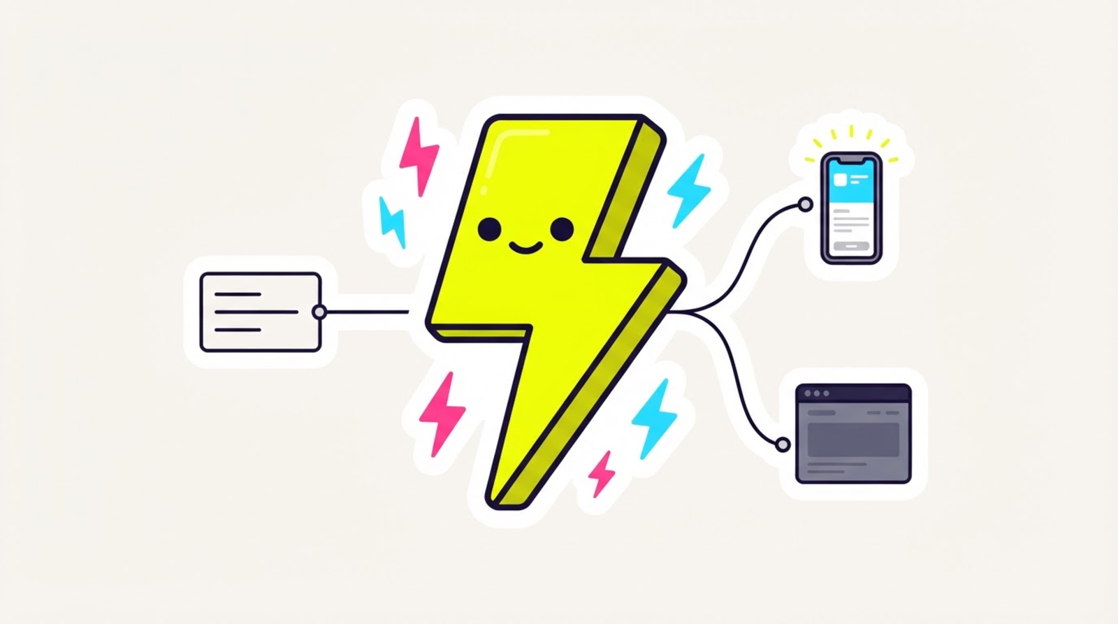 Zippy the limbless lightning-bolt mascot standing on an automation canvas where one wire branches two ways — up to a phone with its native app open, down into a cramped browser window