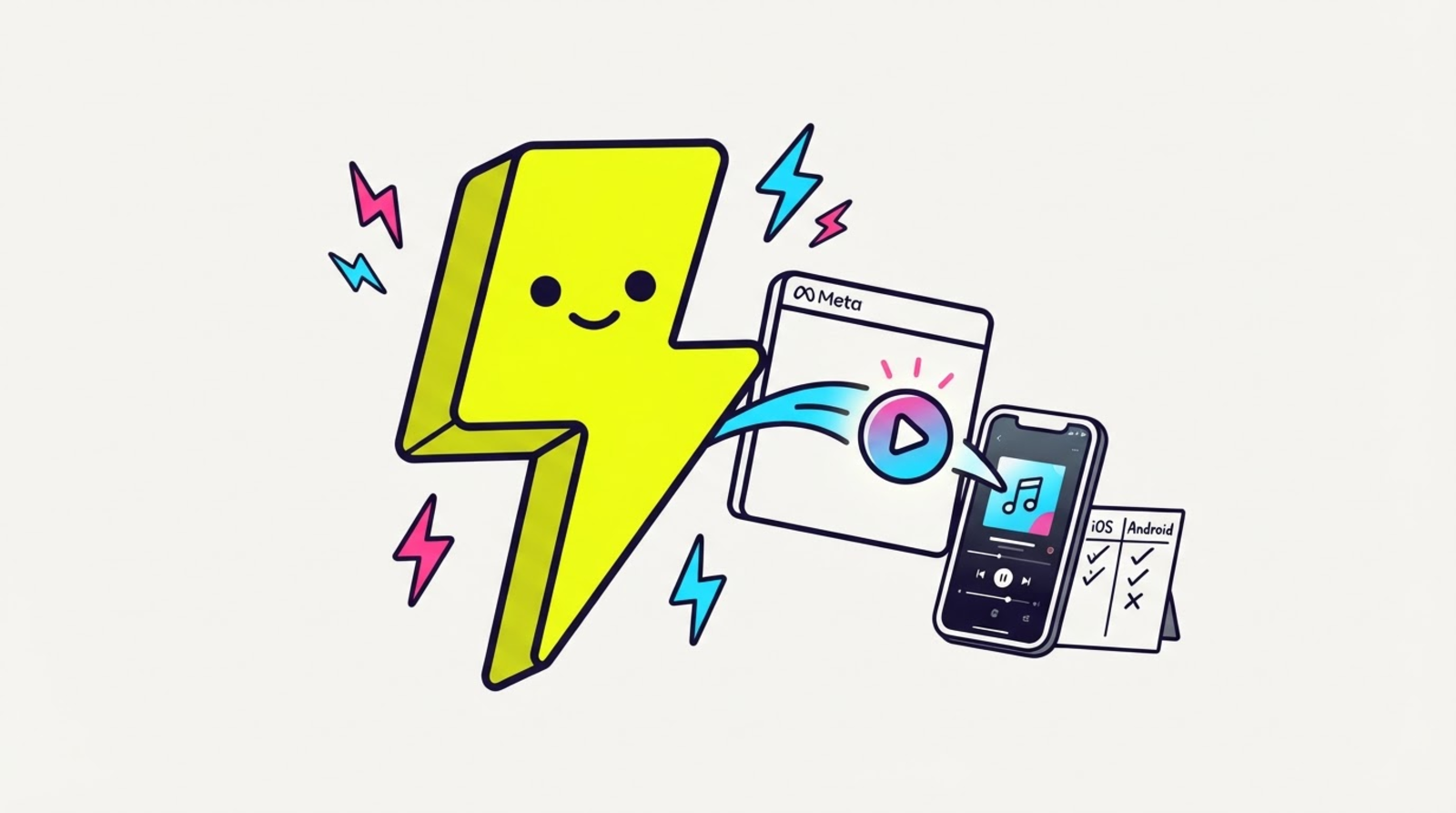 Zippy the lightning-bolt mascot prying a glowing play button out of a Meta in-app browser window and into a phone's native music app, next to a small tally board where iOS is ticked and Android is not.