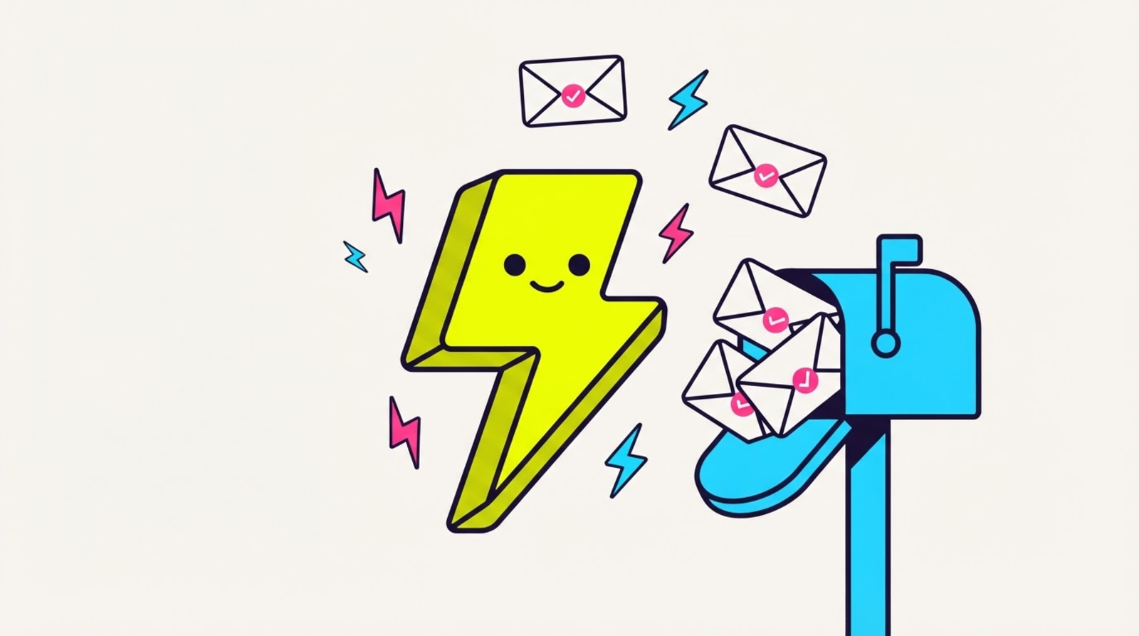 Zippy the limbless lightning-bolt mascot beaming beside a cyan mailbox overflowing with envelopes, each sealed with a small magenta checkmark stamp