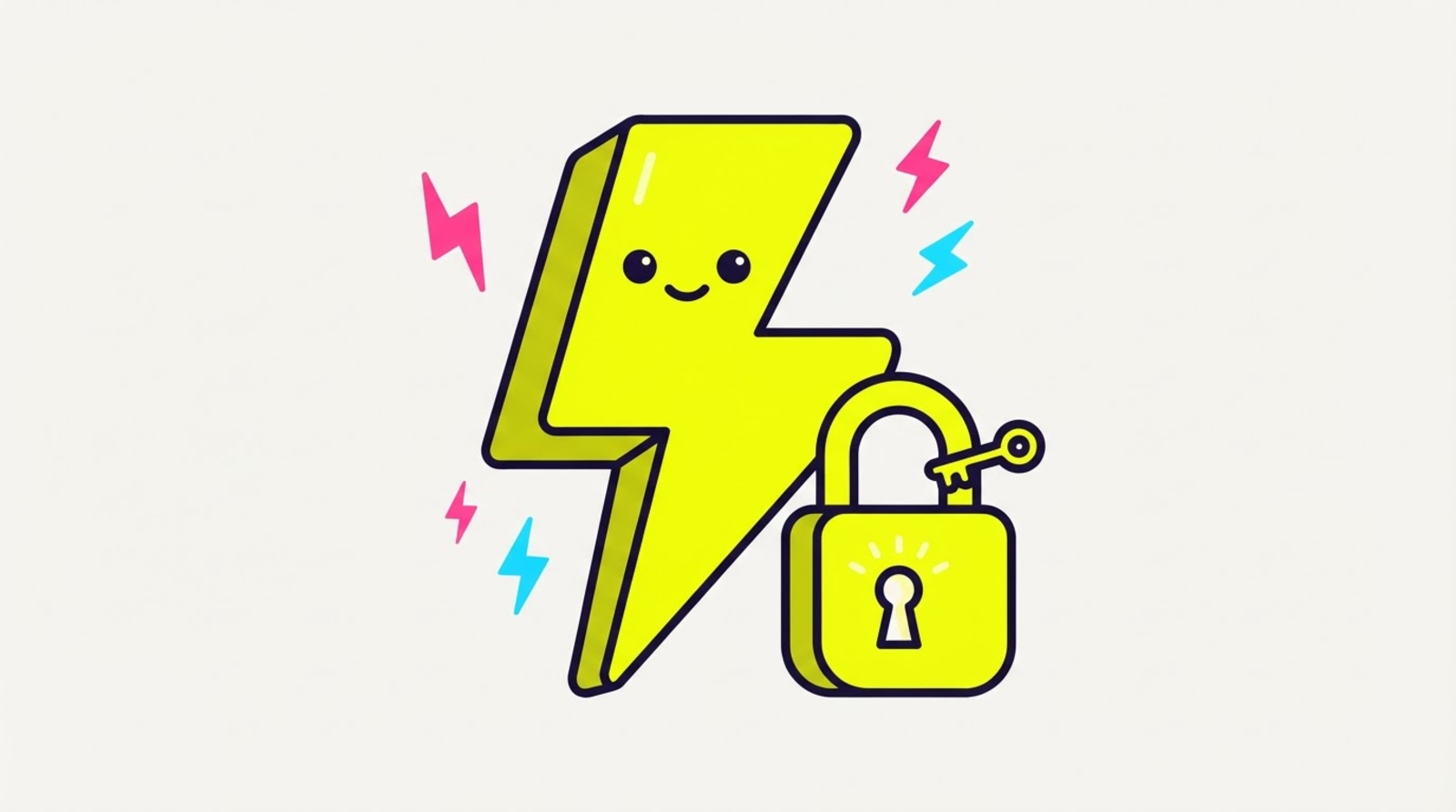 Zippy the lightning-bolt mascot standing next to a friendly volt-yellow padlock with a key, sparks around it