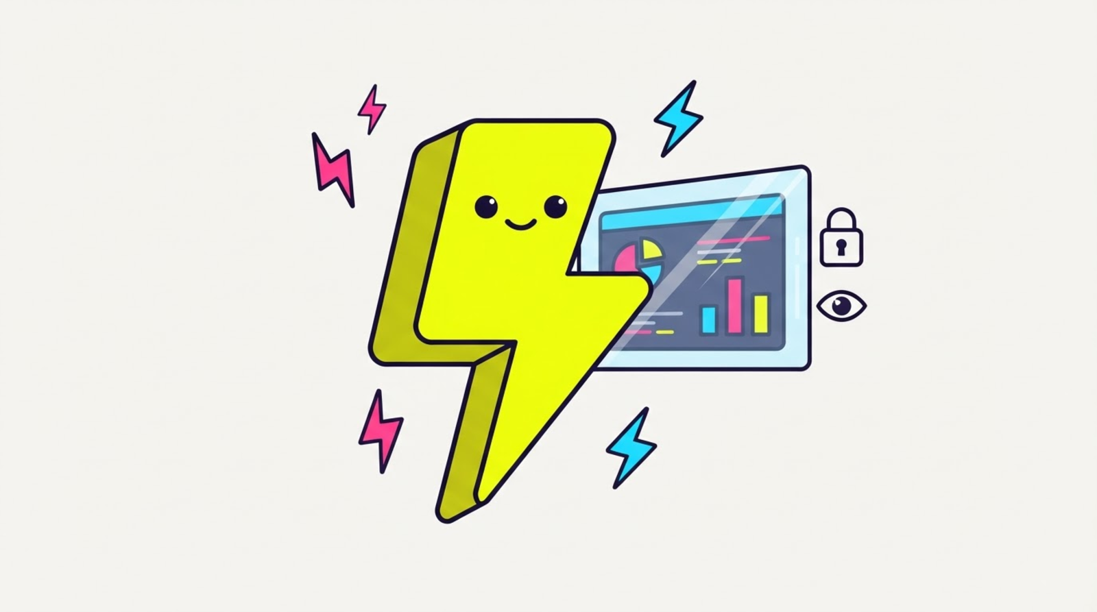 Zippy the limbless lightning-bolt mascot beside an analytics dashboard sealed behind glass, with a padlock and an eye icon marking it look-but-don't-touch