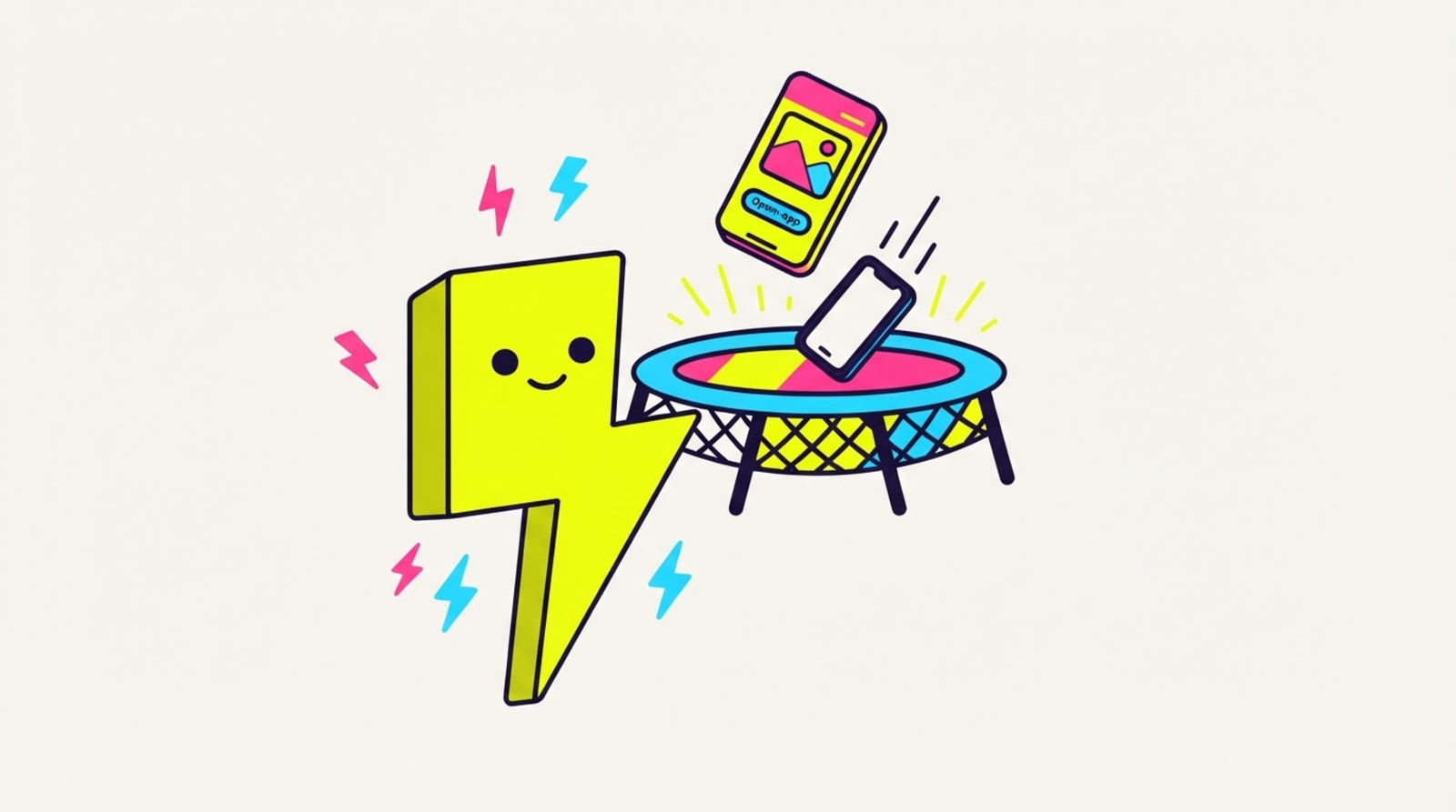 Zippy the lightning-bolt mascot next to a trampoline net catching a falling phone, with a preview card and open-app button floating above