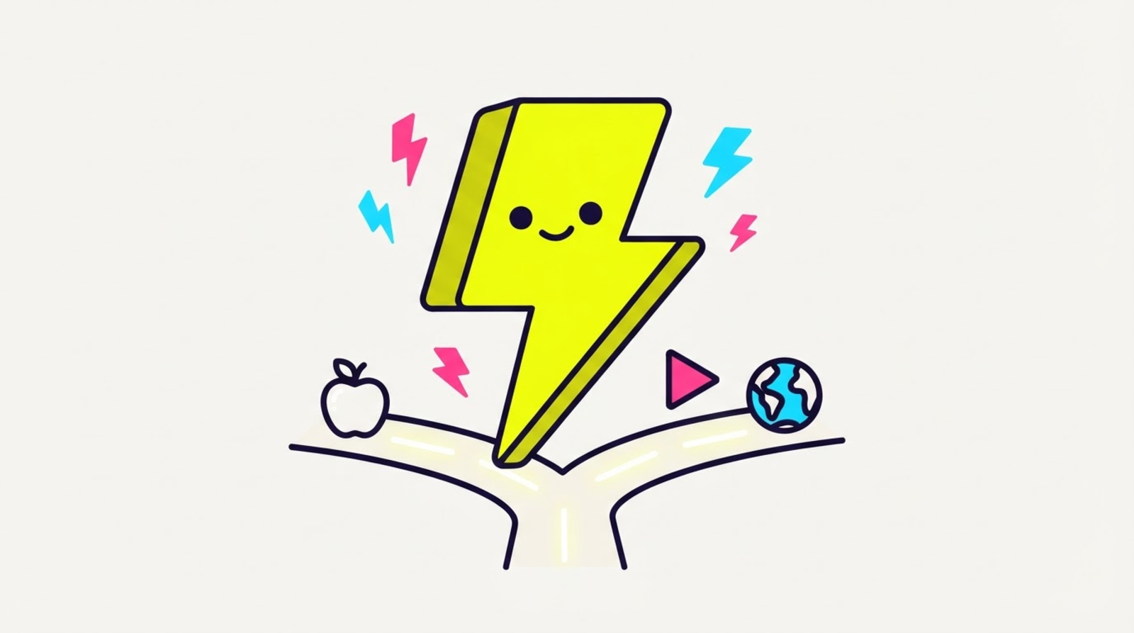 Zippy the lightning-bolt mascot at a three-way fork of roads splitting toward an apple, a play button, and a globe