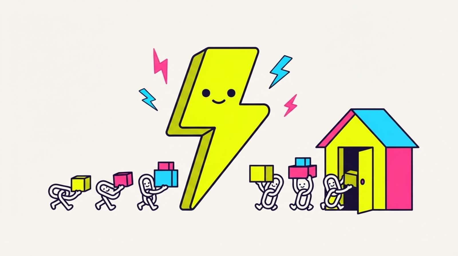 Zippy the lightning-bolt mascot welcoming a parade of little link characters carrying moving boxes into a bright volt house