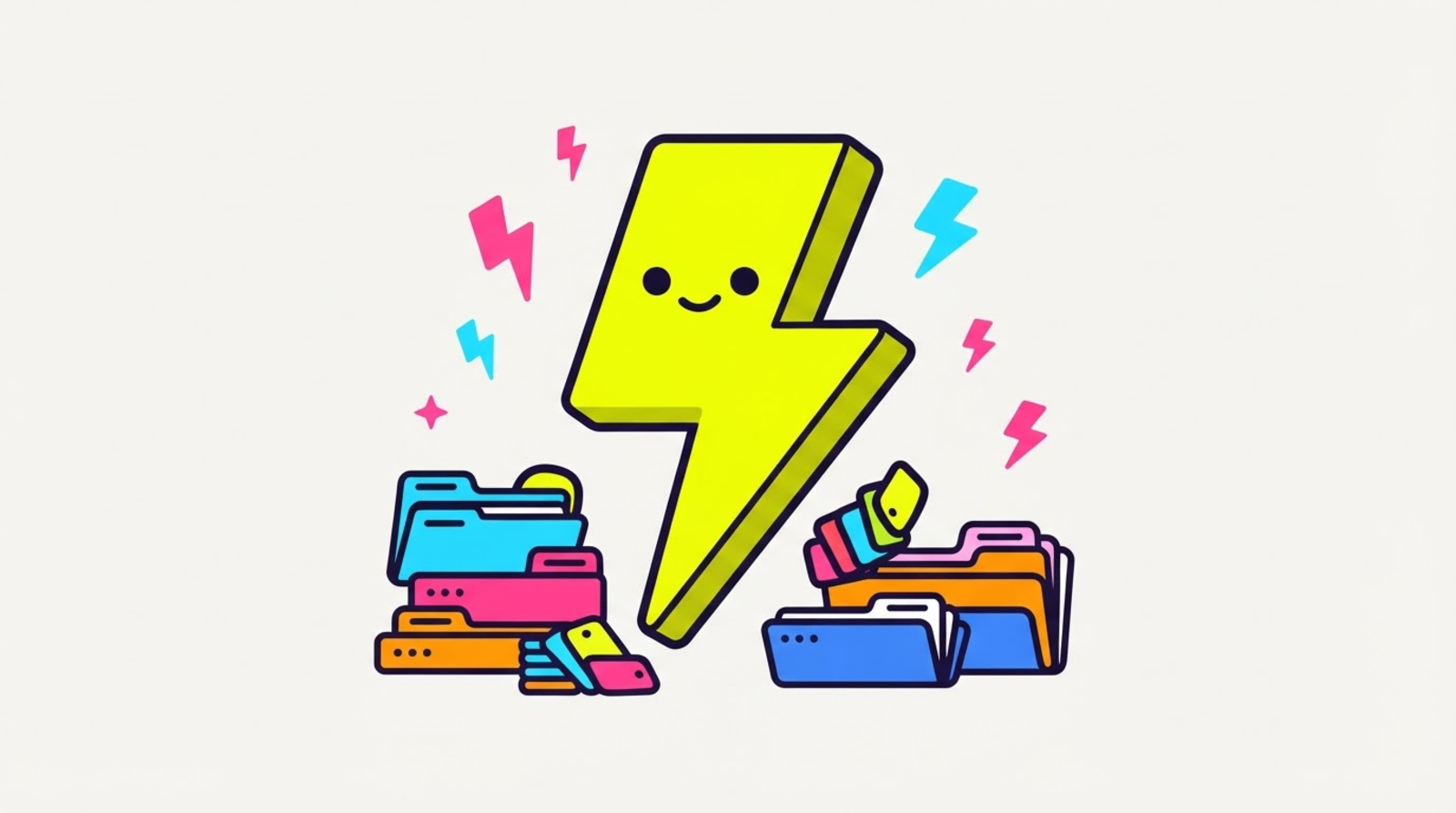 Zippy the lightning-bolt mascot cheerfully sorting colourful folders and tag chips into neat stacks