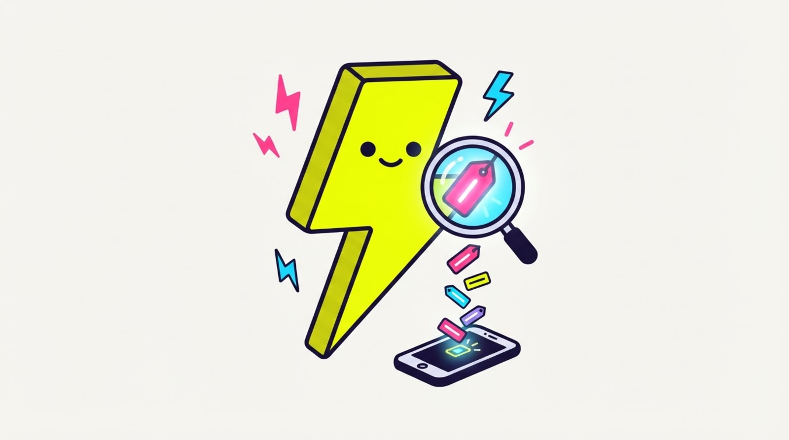 Zippy the lightning-bolt mascot peering through a magnifying glass at a colorful tag, with more tags rising from a phone