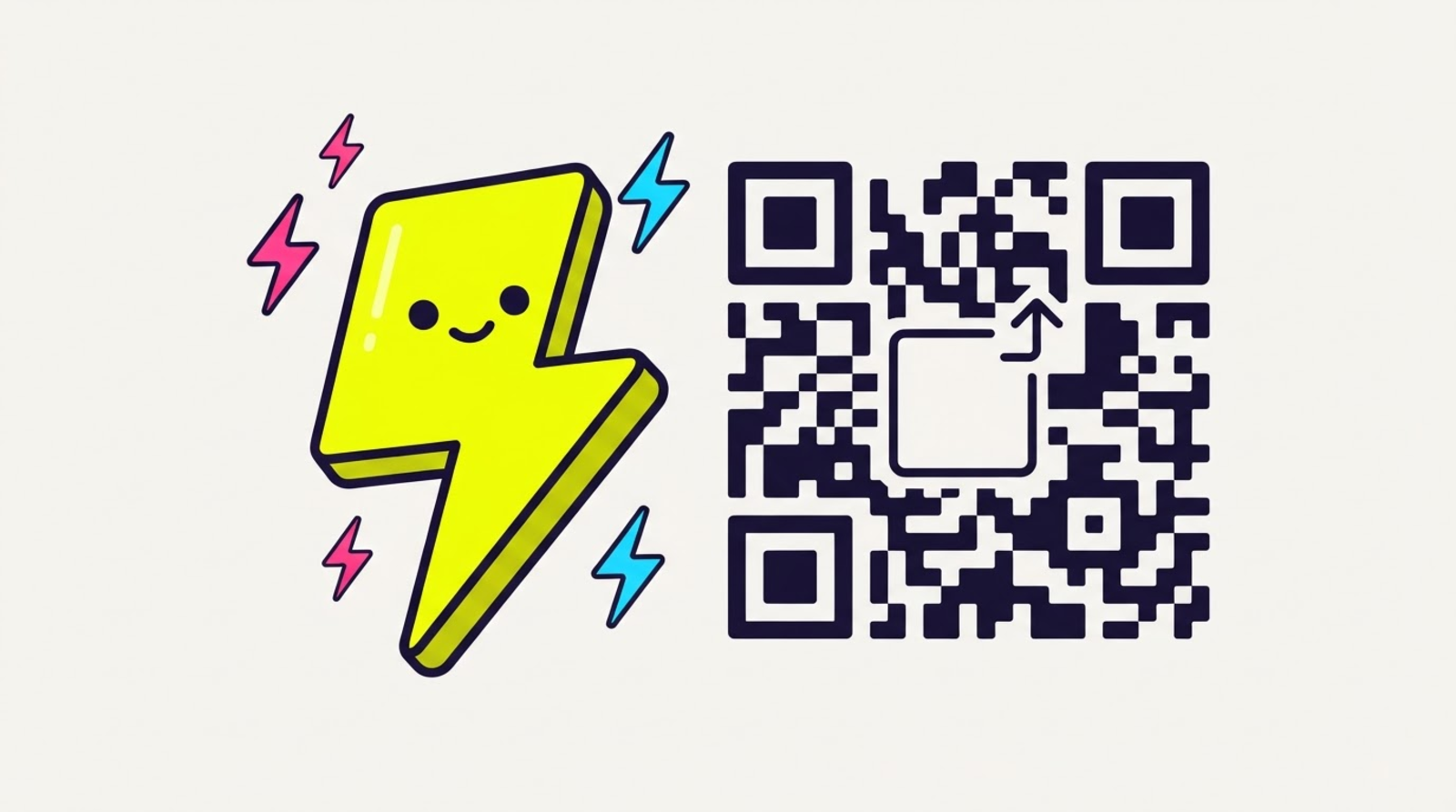 Zippy the limbless lightning-bolt mascot beside a custom QR code whose centre is an empty frame slot with an upload arrow pointing into it, ready for your own logo instead of a bolt