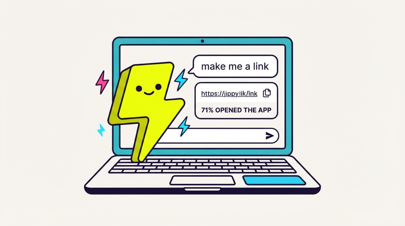 Zippy the limbless lightning-bolt mascot inside an AI assistant chat window on a laptop, answering the message “make me a link” with a short link card reading 71% opened the app