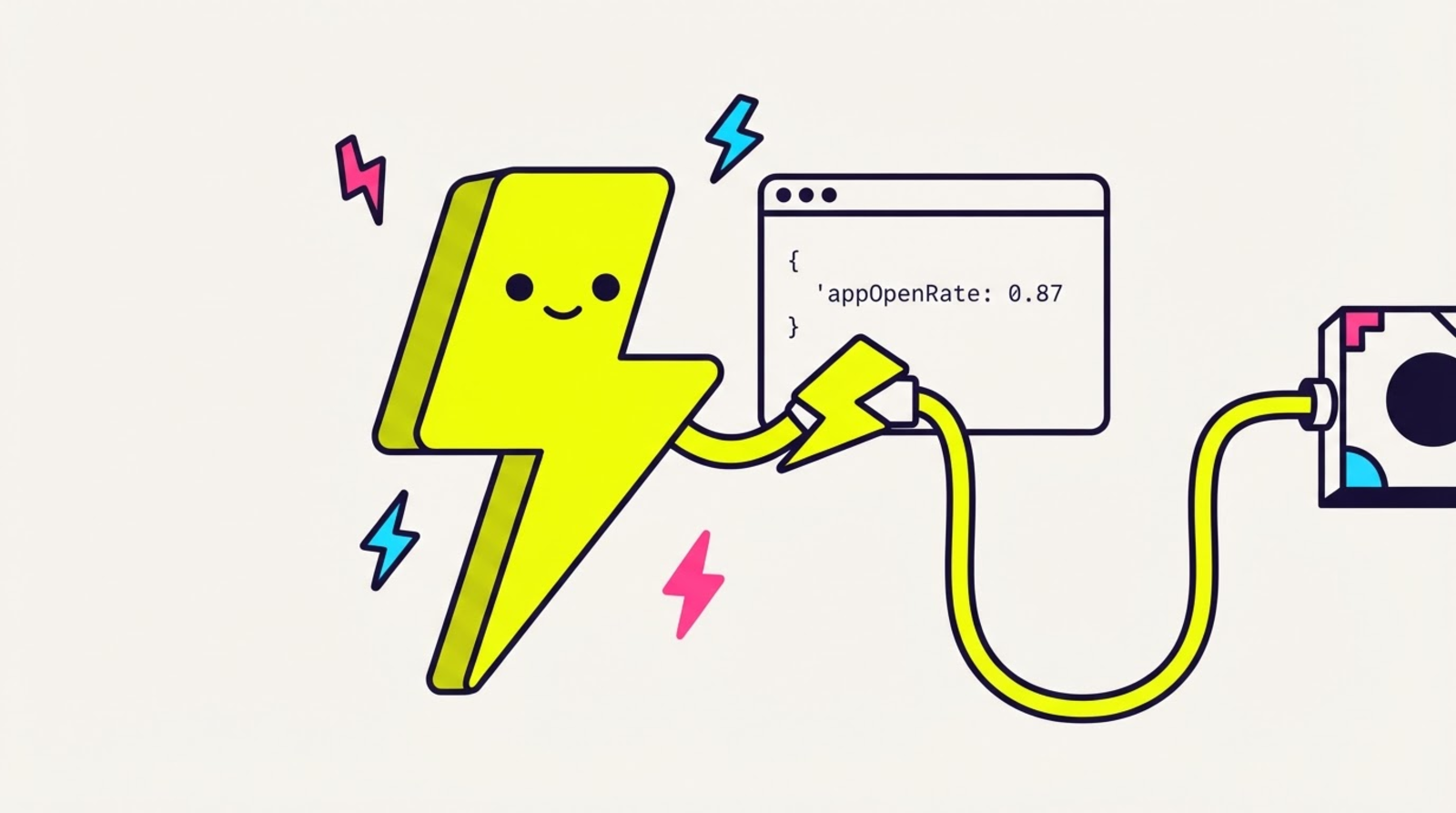 Zippy the limbless lightning-bolt mascot plugging a bolt-shaped cable into a code window showing an API response with appOpenRate 0.87, the cable running on to an automation node